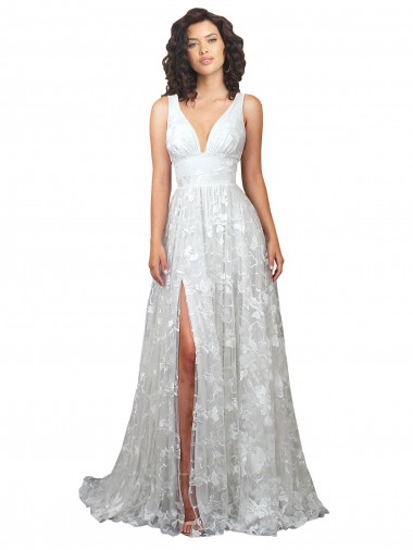 Sleeveless V-Neck Lace Off White Chapel Train Wedding Dress Adelaide