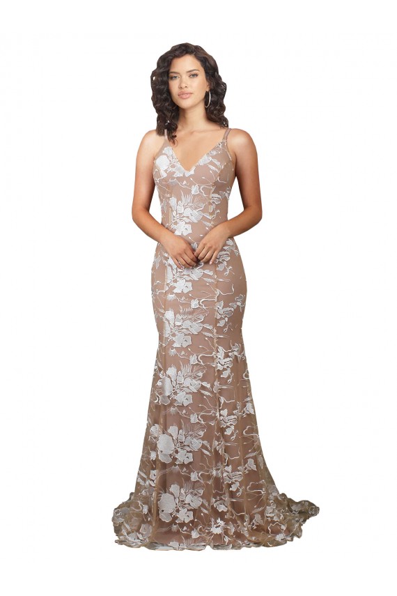Sleeveless V-Neck Lace Champagne Sweep Train Wedding Dress Adelaide