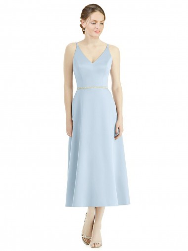 Sleeveless V-Neck Satin Light Sky Blue Tea Length Bridesmaid Dress Adelaide