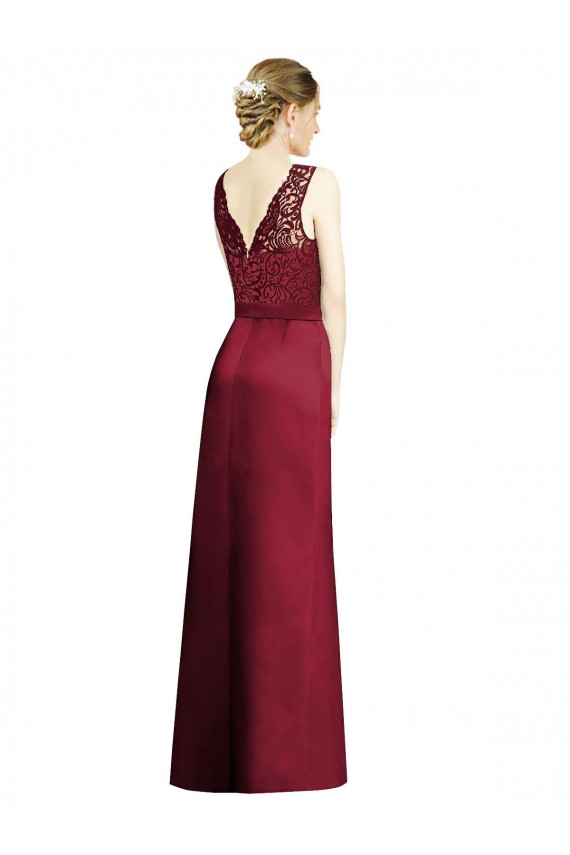 Sleeveless V-Neck Satin & Lace Burgundy Long Bridesmaid Dress Adelaide