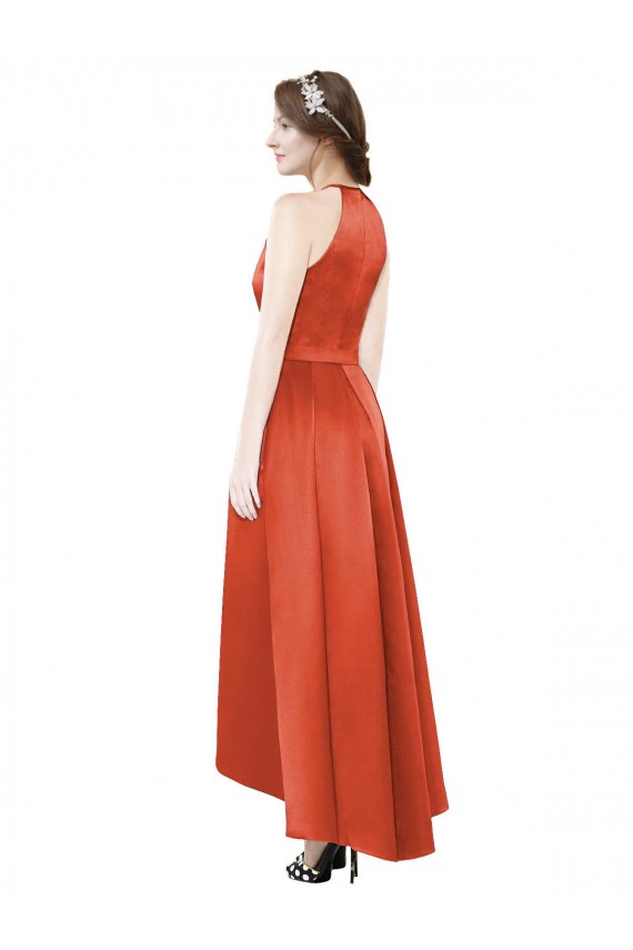 Sleeveless Halter Neck Satin Spice Red High Low Bridesmaid Dress Adelaide