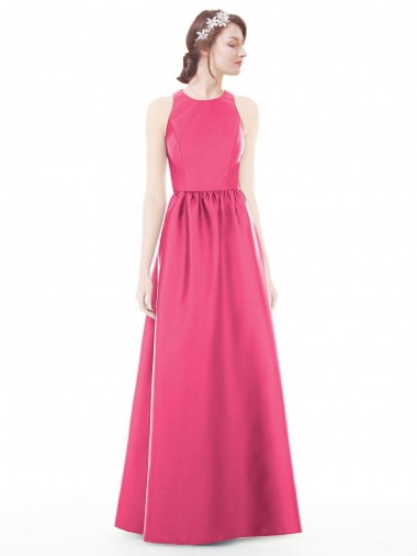 Sleeveless Jewel Neck Satin Ruby Long Bridesmaid Dress Adelaide