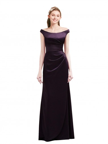 Cap Sleeves Off the Shoulder Satin Grape Long Bridesmaid Dress Adelaide
