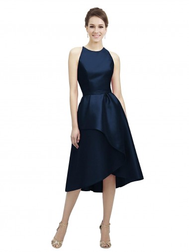 Sleeveless Jewel Neck Satin Dark Navy Tea Length High Low Bridesmaid Dress Adelaide