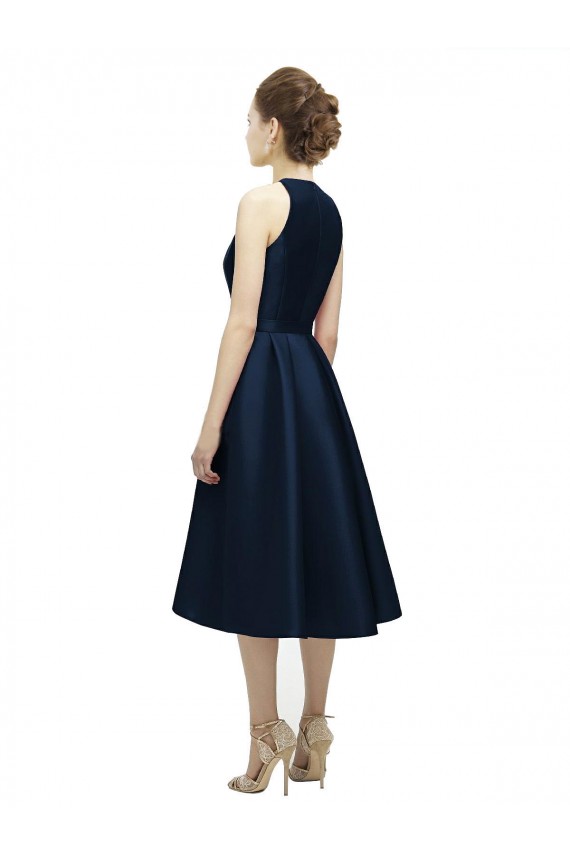 Sleeveless Jewel Neck Satin Dark Navy Tea Length High Low Bridesmaid Dress Adelaide