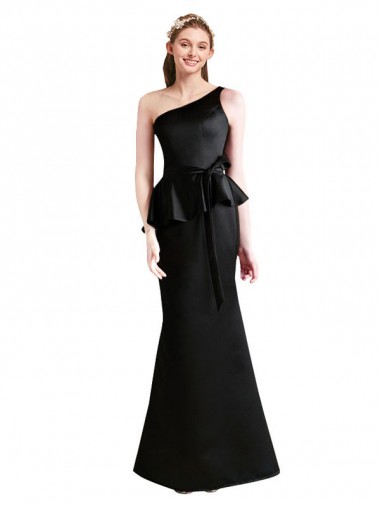 Sleeveless One Shoulder Satin Black Long Bridesmaid Dress Adelaide