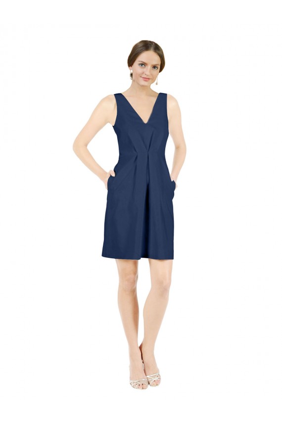 Sleeveless V-Neck Satin Dark Navy Knee Length Evening Gown / Bridesmaid Dress Adelaide