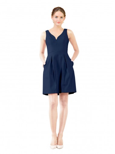 Sleeveless V-Neck Satin Dark Navy Knee Length Bridesmaid Gown Adelaide