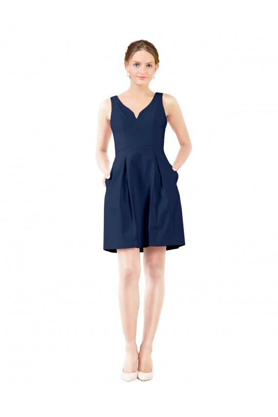 Sleeveless V-Neck Satin Dark Navy Knee Length Bridesmaid Gown Adelaide