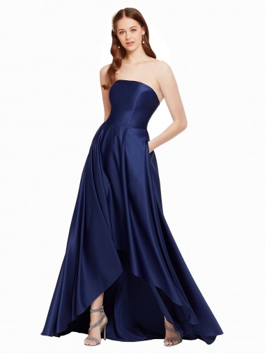 Sleeveless Strapless Satin Dark Navy Long High Low Evening Gown / Prom Dress / Bridesmaid Dress Adelaide