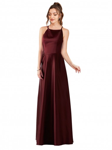 Sleeveless Halter Neck Satin Burgundy Gold Long Prom Dress / Bridesmaid Dress Adelaide
