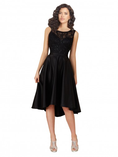 Sleeveless Illusion Neck Satin & Lace Black Midi Length High Low Bridesmaid Dress Adelaide