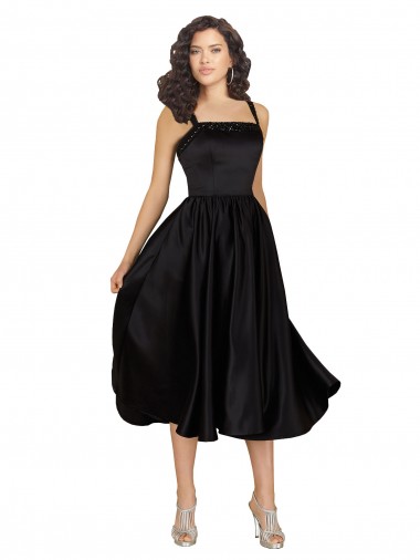 Sleeveless Square Neck Satin Black Knee Length Prom Dress / Bridesmaid Dress Adelaide