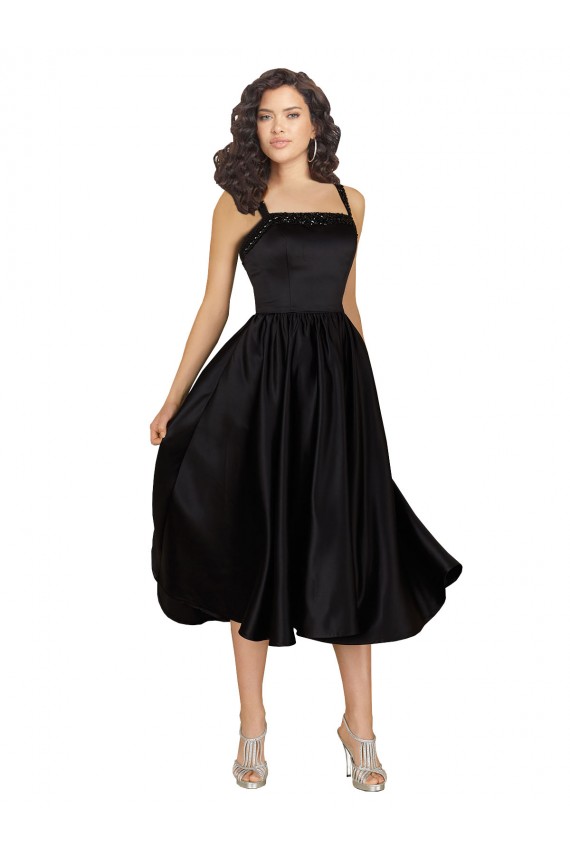 Sleeveless Square Neck Satin Black Knee Length Prom Dress / Bridesmaid Dress Adelaide