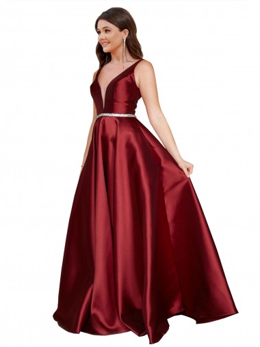 Sleeveless V-Neck Satin Burgundy Long Formal Plus Size Evening Gown / Prom Dress / Bridesmaid Dress Adelaide