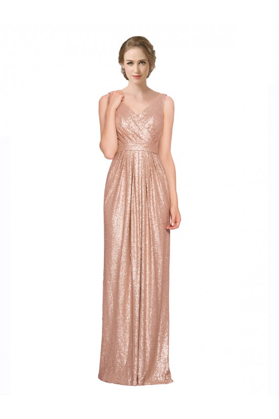 Sleeveless V-Neck Sequin Rose Gold Long Bridesmaid Dress / Evening Dress Adelaide