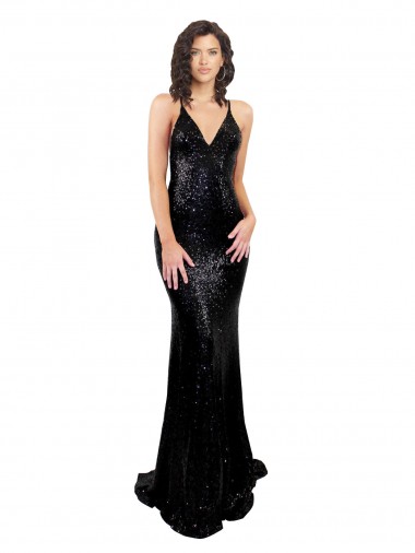 Sleeveless V-Neck Sequin Black Long Black Tie Evening Gown / Prom Dress / Bridesmaid Dress Adelaide