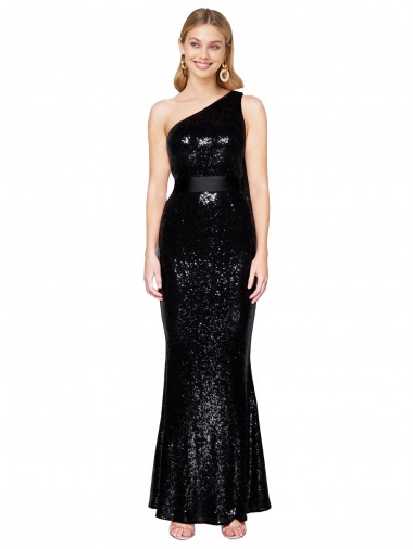 Sleeveless One Shoulder Sequin Black Long Formal Evening Gown / Prom Dress / Bridesmaid Dress Adelaide