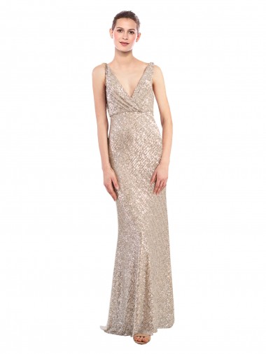 Sleeveless V-Neck Sequin & Sparkling Sequin Silver Long Formal Evening Gown / Prom Dress / Bridesmaid Dress Adelaide