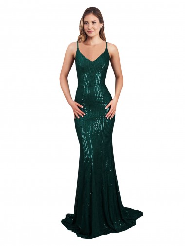 Sleeveless V-Neck Sequin Dark Green Mermaid Long Formal Evening Gown / Prom Dress / Bridesmaid Dress Adelaide