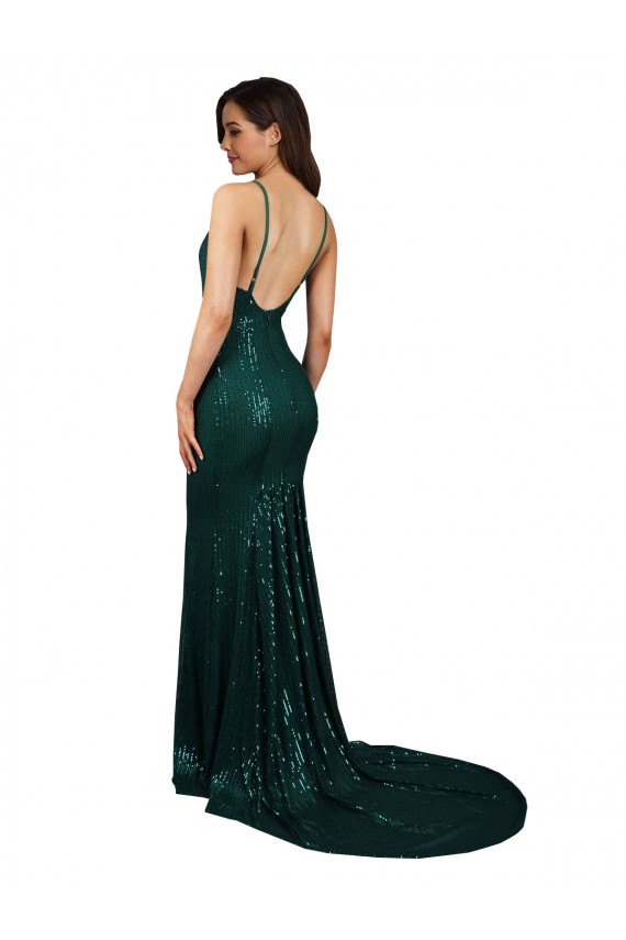 Sleeveless V-Neck Sequin Dark Green Mermaid Long Formal Evening Gown / Prom Dress / Bridesmaid Dress Adelaide