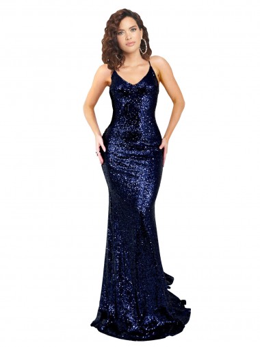Sleeveless V-Neck Sequin Dark Navy Long Formal Evening Gown / Prom Dress / Bridesmaid Dress Adelaide