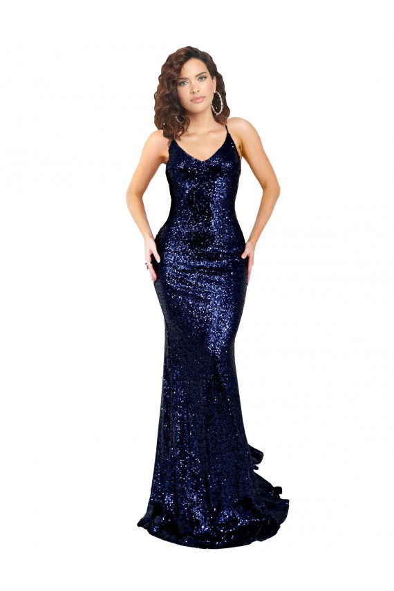 Sleeveless V-Neck Sequin Dark Navy Long Formal Evening Gown / Prom Dress / Bridesmaid Dress Adelaide