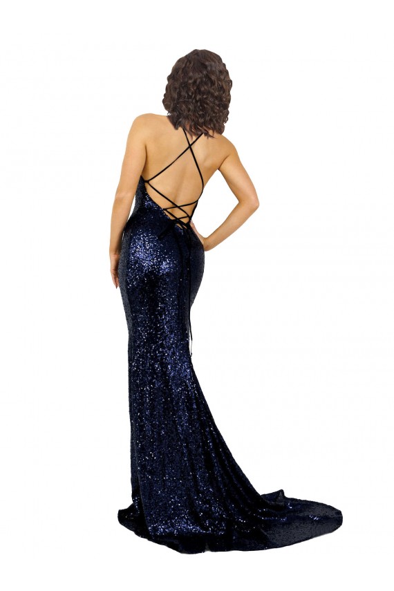 Sleeveless V-Neck Sequin Dark Navy Long Formal Evening Gown / Prom Dress / Bridesmaid Dress Adelaide