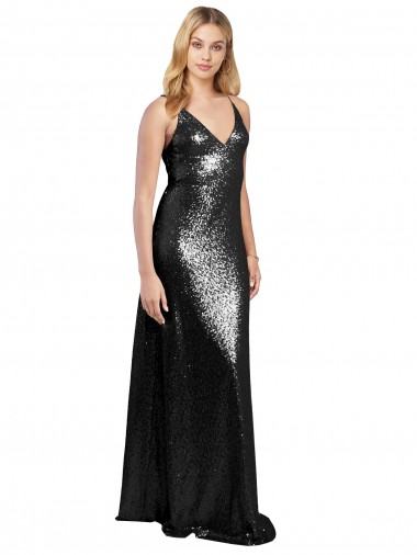 Sleeveless V-Neck Sequin Black Long Formal Evening Gown / Prom Dress / Bridesmaid Dress Adelaide