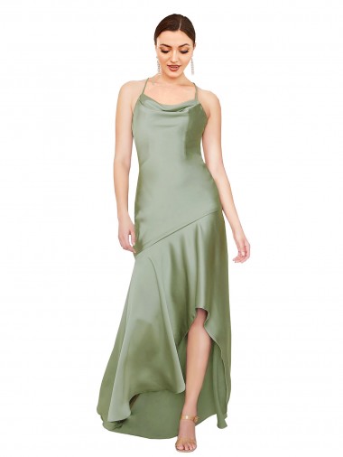 Sleeveless Cowl Neck Silk like Satin Smoke Green Long High Low Evening Gown / Prom Dress / Bridesmaid Dress Adelaide