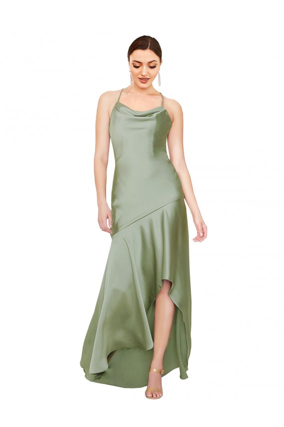 Sleeveless Cowl Neck Silk like Satin Smoke Green Long High Low Evening Gown / Prom Dress / Bridesmaid Dress Adelaide
