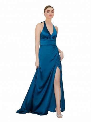 Sleeveless Halter Neck Silk like Satin Peacock Blue Long Formal Evening Gown / Prom Dress / Bridesmaid Dress Adelaide