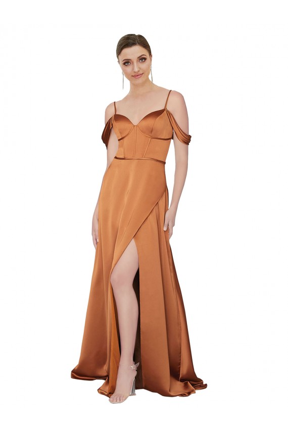Cold Shoulder Sweetheart Silk like Satin Orange Long Formal Evening Gown / Prom Dress / Bridesmaid Dress Adelaide