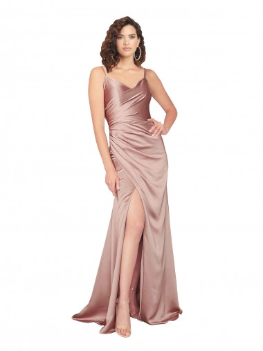Sleeveless V-Neck Silk like Satin Dusty Pink Long Black Tie Evening Gown / Prom Dress / Bridesmaid Dress Adelaide