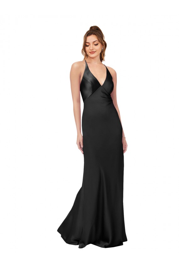 Sleeveless V-Neck Silk like Satin Black Long Black Tie Evening Gown / Prom Dress / Bridesmaid Dress Adelaide