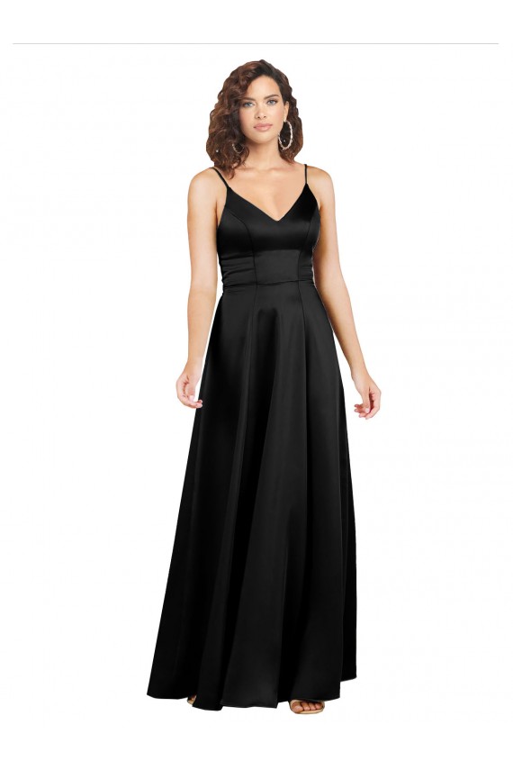 Sleeveless V-Neck Silk like Satin Black Long Formal Evening Gown / Prom Dress / Bridesmaid Dress Adelaide