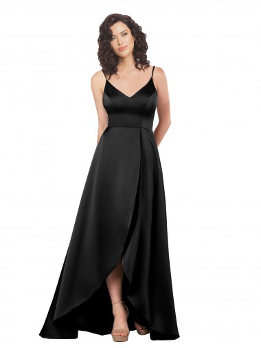 Sleeveless V-Neck Silk like Satin Black Long High Low Evening Gown / Prom Dress / Bridesmaid Dress Adelaide