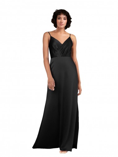Sleeveless V-Neck Silk like Satin Black Column Long Formal Evening Gown / Prom Dress / Bridesmaid Dress Adelaide