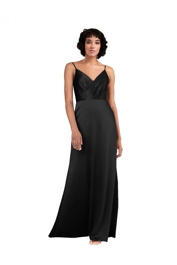 Sleeveless V-Neck Silk like Satin Black Column Long Formal Evening Gown / Prom Dress / Bridesmaid Dress Adelaide