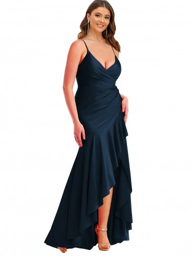Sleeveless Spaghetti Straps Silk like Satin Dark Navy Long High Low Plus Size Evening Gown / Prom Dress / Bridesmaid Dress Adelaide