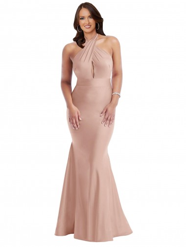 Sleeveless Halter Neck Silk like Satin Dusty Pink Long Formal Plus Size Evening Gown / Prom Dress / Bridesmaid Dress Adelaide