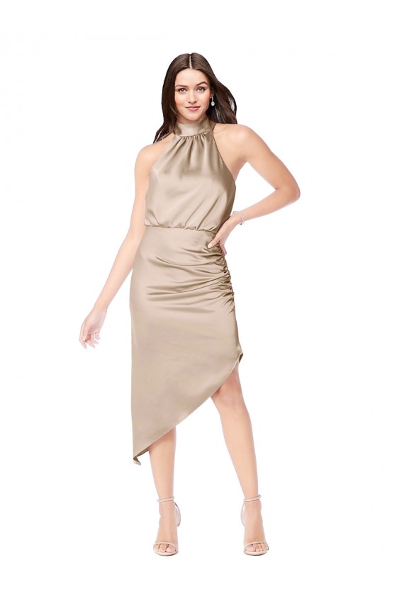 Sleeveless Halter Neck Silk like Satin Champagne Pink Midi Length High Low Prom Dress / Bridesmaid Dress Adelaide