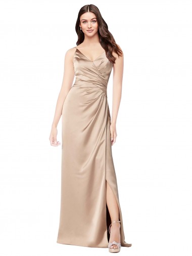 Sleeveless V-Neck Silk like Satin Champagne Pink Long Formal Evening Gown / Prom Dress / Bridesmaid Dress Adelaide