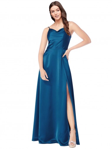 Sleeveless Cowl Neck Silk like Satin Peacock Blue Long Formal Evening Gown / Prom Dress / Bridesmaid Dress Adelaide