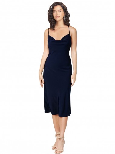 Sleeveless Cowl Neck Silk like Satin Dark Navy Midi Length Formal Evening Gown / Prom Dress / Bridesmaid Dress Adelaide