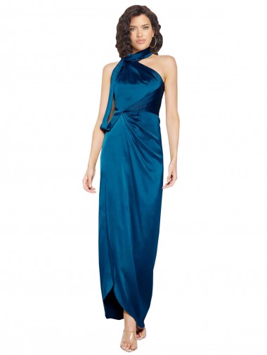 Sleeveless High Neck Silk like Satin Peacock Blue Long Formal Evening Gown / Prom Dress / Bridesmaid Dress Adelaide