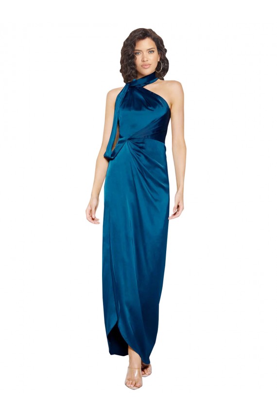 Sleeveless High Neck Silk like Satin Peacock Blue Long Formal Evening Gown / Prom Dress / Bridesmaid Dress Adelaide