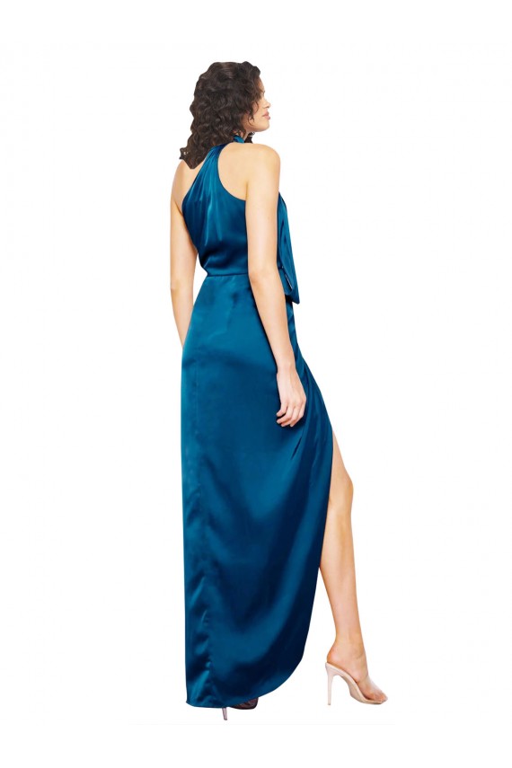 Sleeveless High Neck Silk like Satin Peacock Blue Long Formal Evening Gown / Prom Dress / Bridesmaid Dress Adelaide