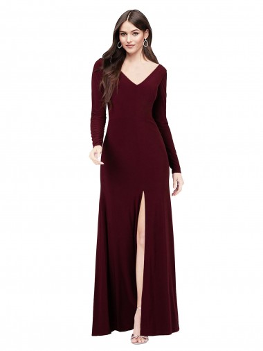 Long Sleeves V-Neck Spandex Burgundy Gold Long Prom Dress / Bridesmaid Dress Adelaide