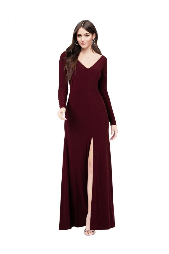Long Sleeves V-Neck Spandex Burgundy Gold Long Prom Dress / Bridesmaid Dress Adelaide